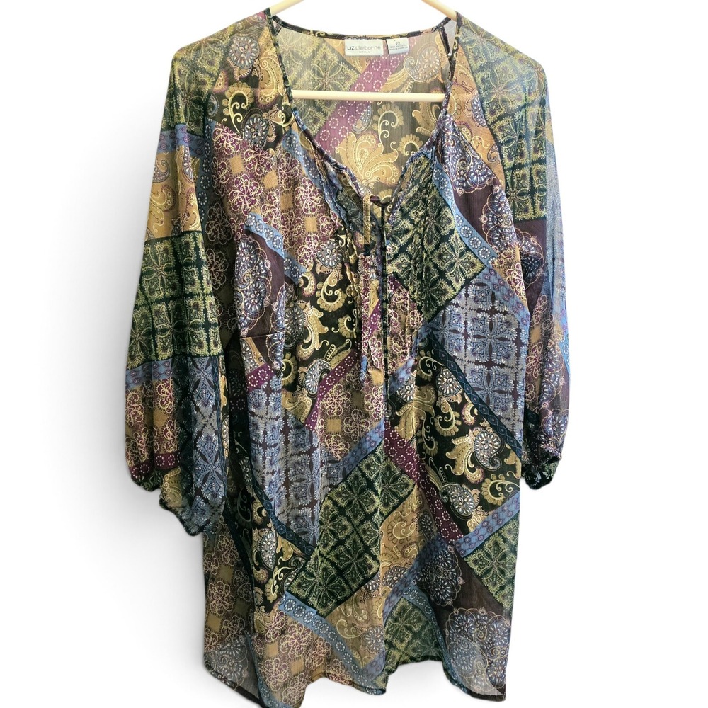 Liz Claiborne Woman Patchwork Paisley Sheer Tunic Blouse Purple Green Boho 2X